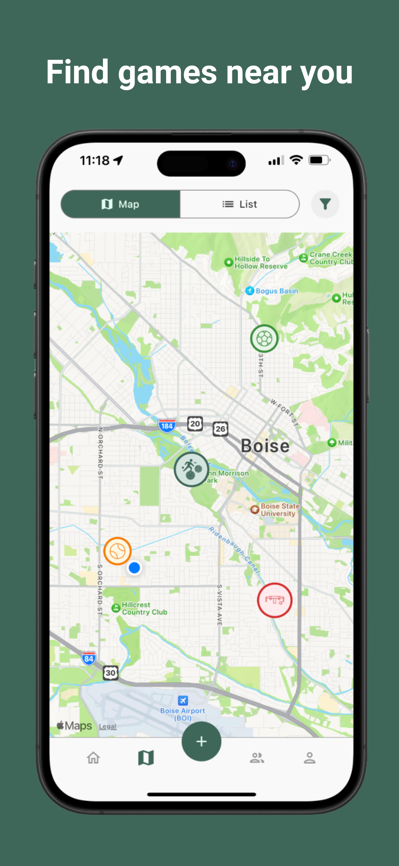 Pickup map view showing nearby games