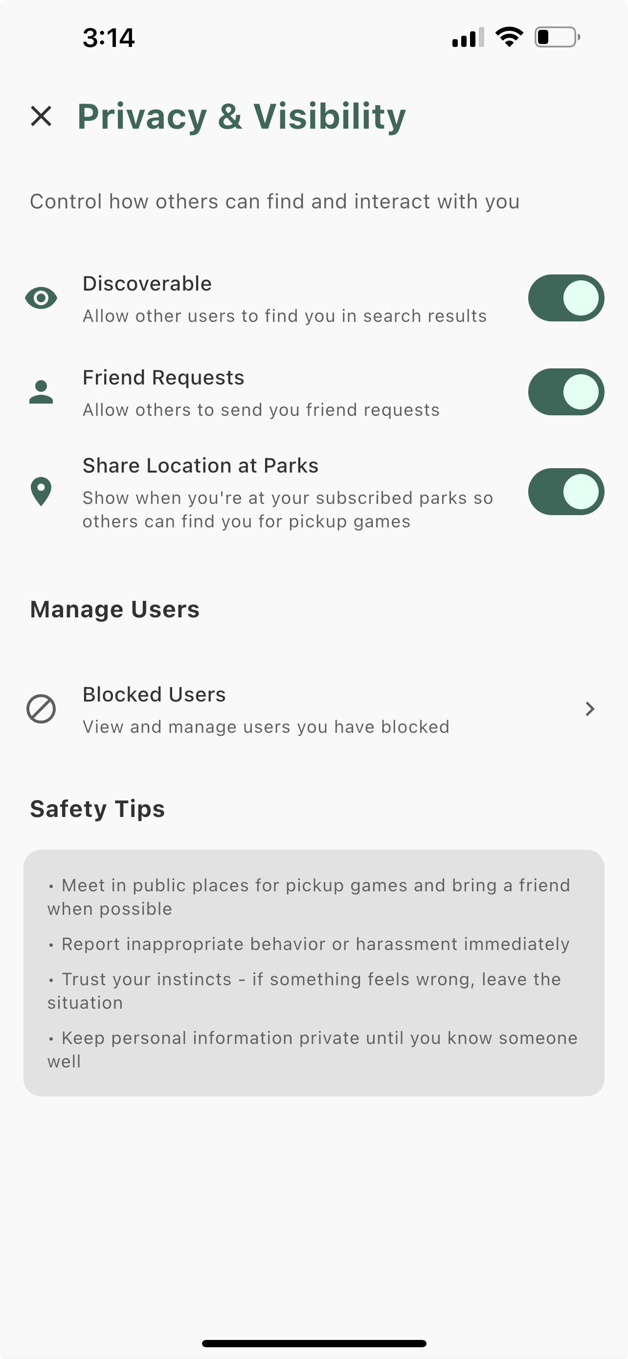 Privacy and visibility settings screen