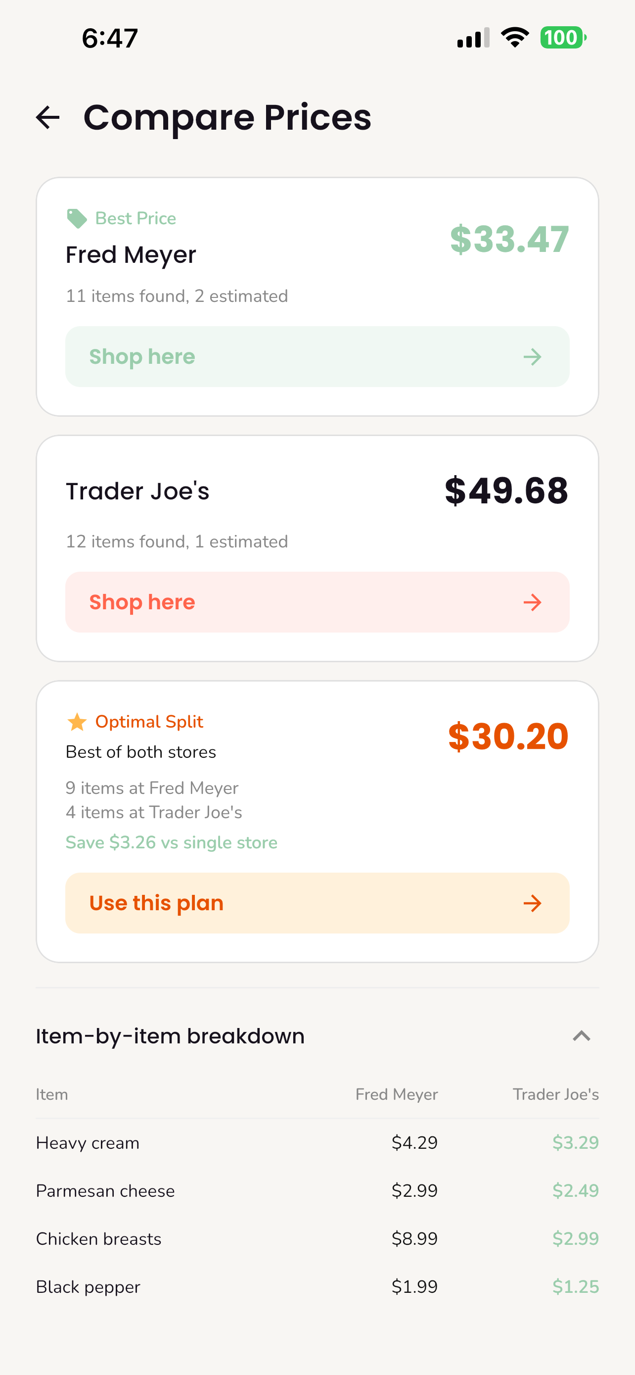 Price comparison showing per-store totals and optimal split across Fred Meyer and Trader Joe's
