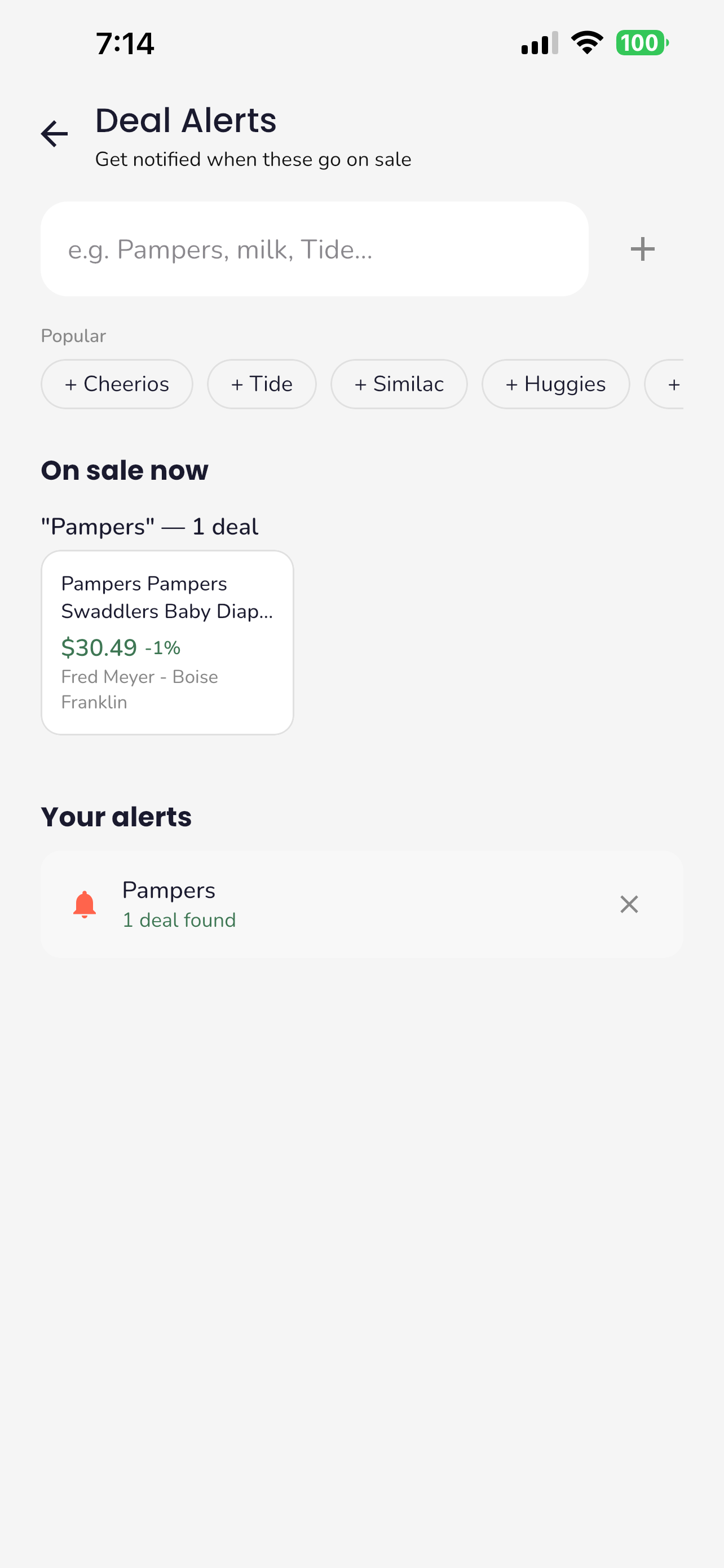 Deal Alerts screen with keyword search, popular suggestions, and matched deals