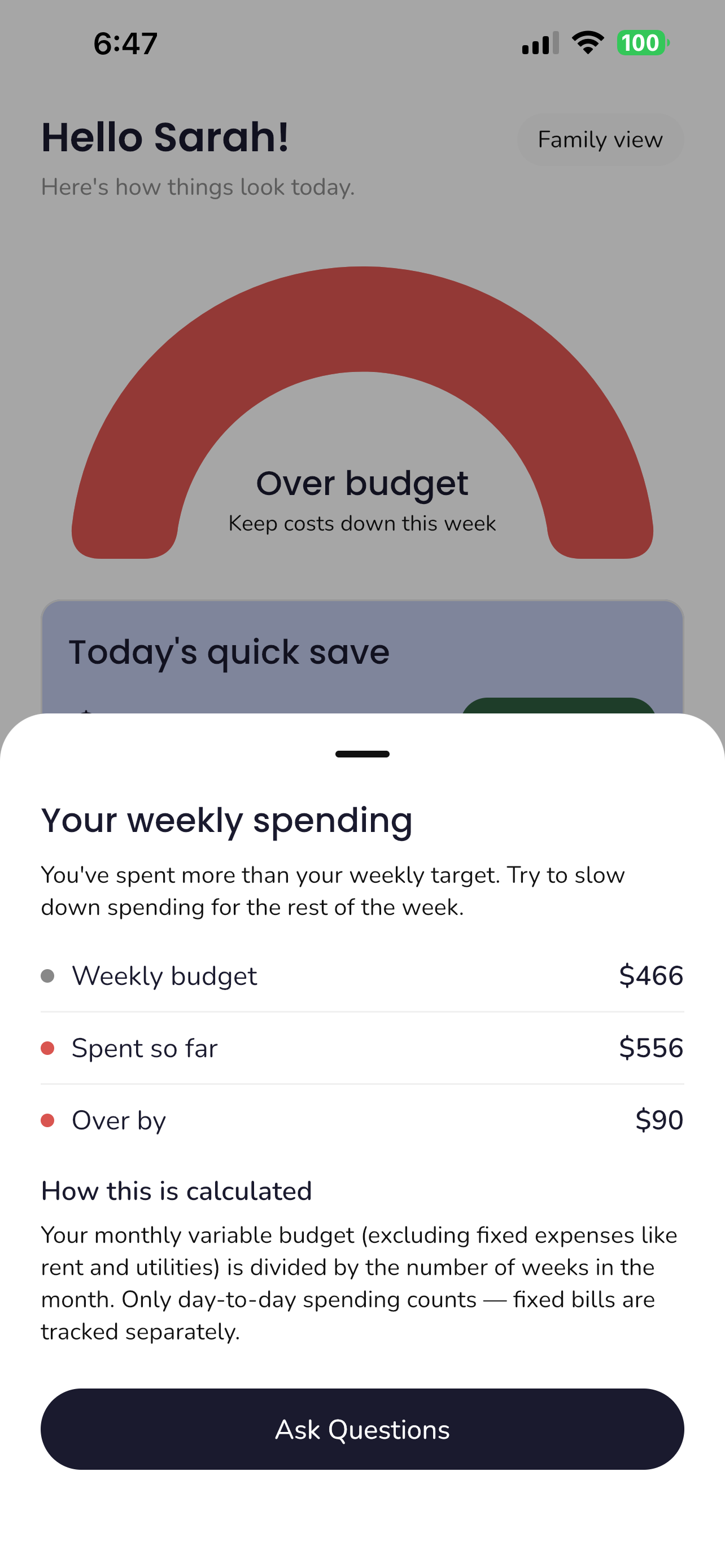 Home screen showing red gauge when over budget, with weekly spending breakdown