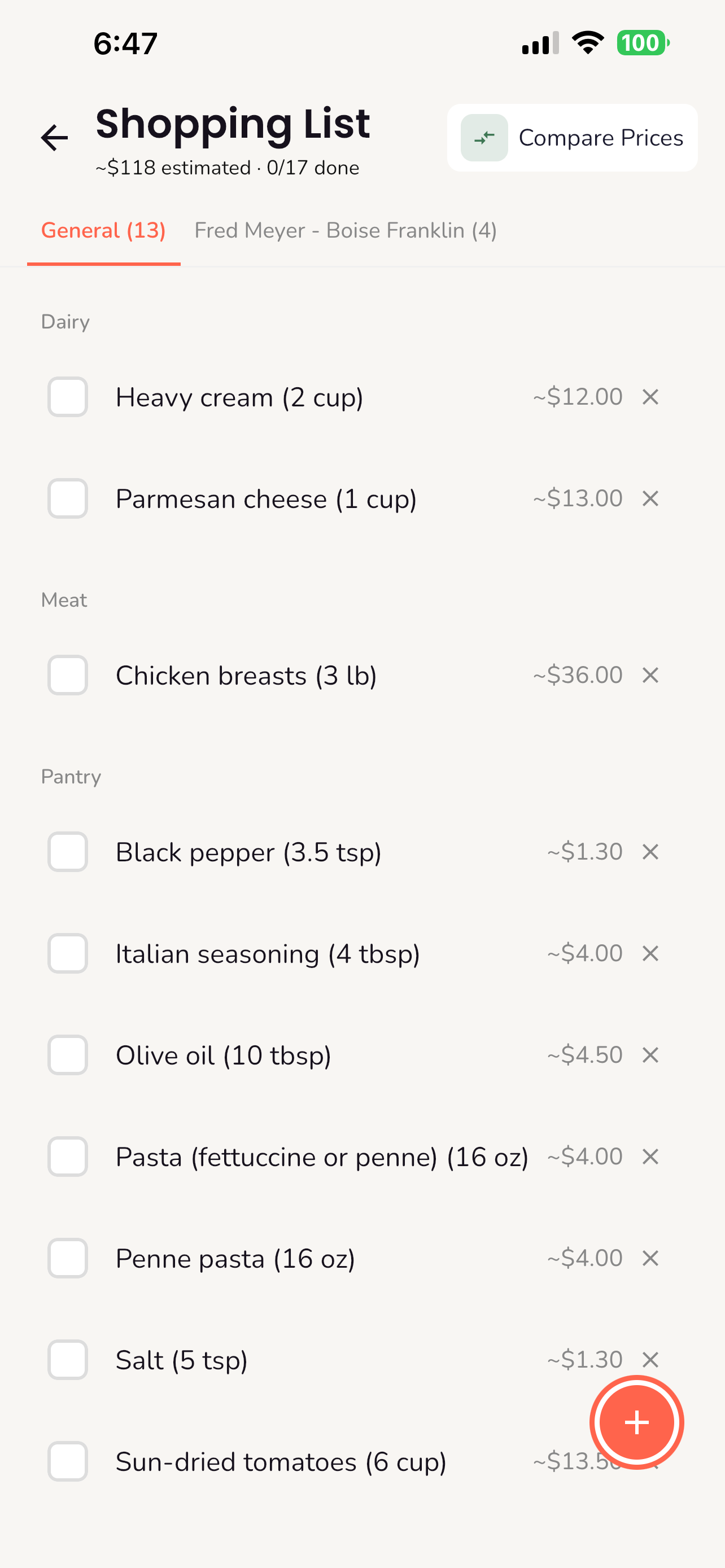 Shopping list organized by category with estimated prices